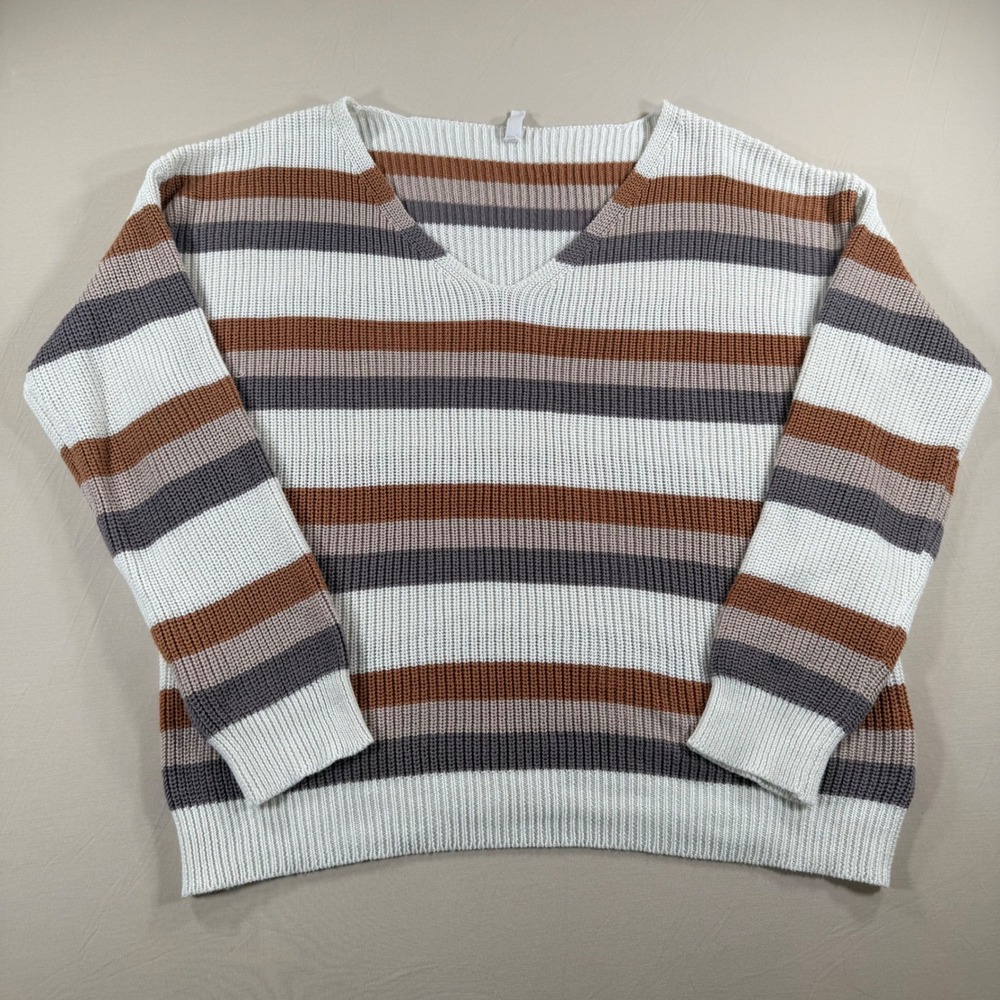 Wishlist Striped V-Neck Sweater‎ Womens Large WL22-6707 Brown Cream Cotton Blend